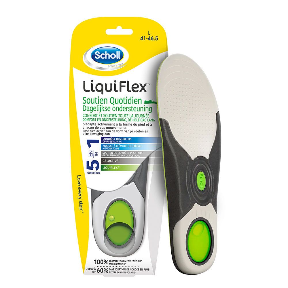 Semelles Scholl LiquiFlex. Emballage avec semelle et informations produit. Taille L 41-46,5.