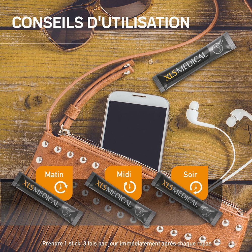 Sticks XLS MEDICAL, smartphone, écouteurs et sac à main sur bois.