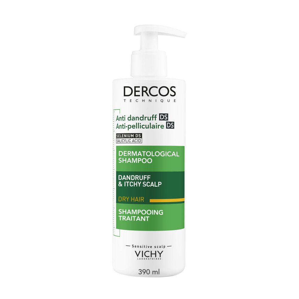 Flacon de shampooing blanc et vert. Texte: Dercos Technique, Anti-pelliculaire DS, shampooing dermatologique, 390 ml.