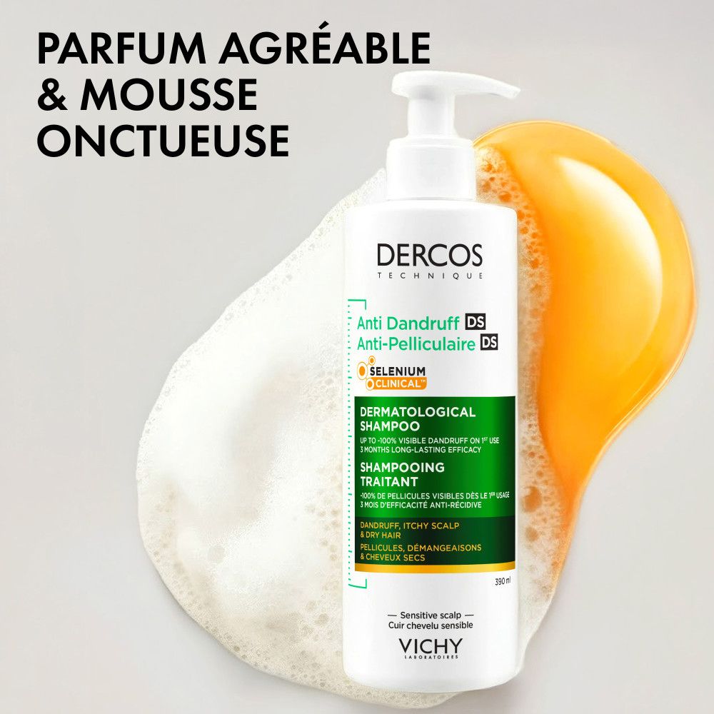 Shampooing Dercos Anti-pelliculaire DS dans une bouteille pompe, sur mousse et tache jaune.