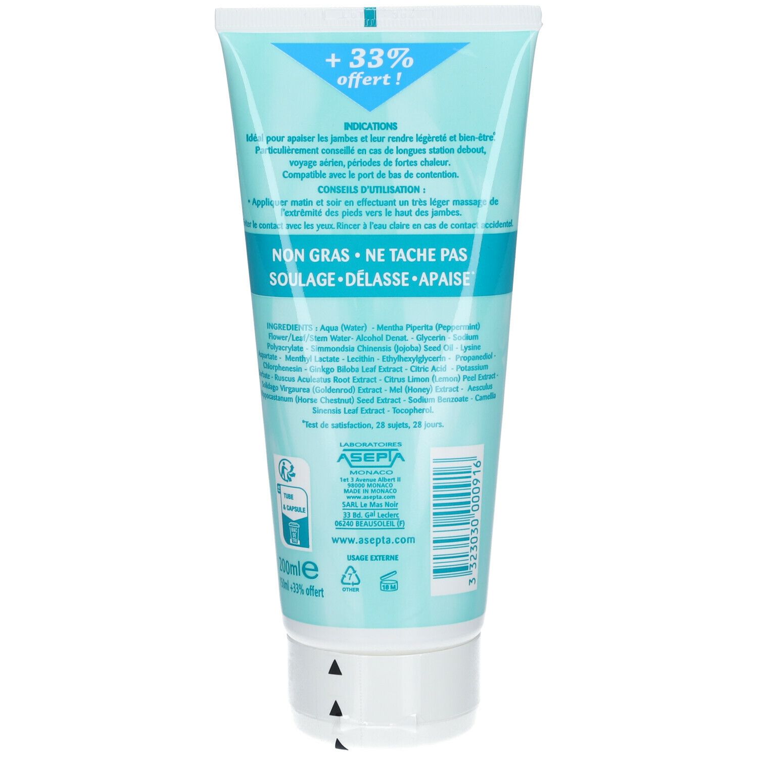 Tube de crème bleu clair. Texte : +33% offert!, NON GRAS NE TACHE PAS SOULAGE DELASSE APAISE. Logo ASEPIA.