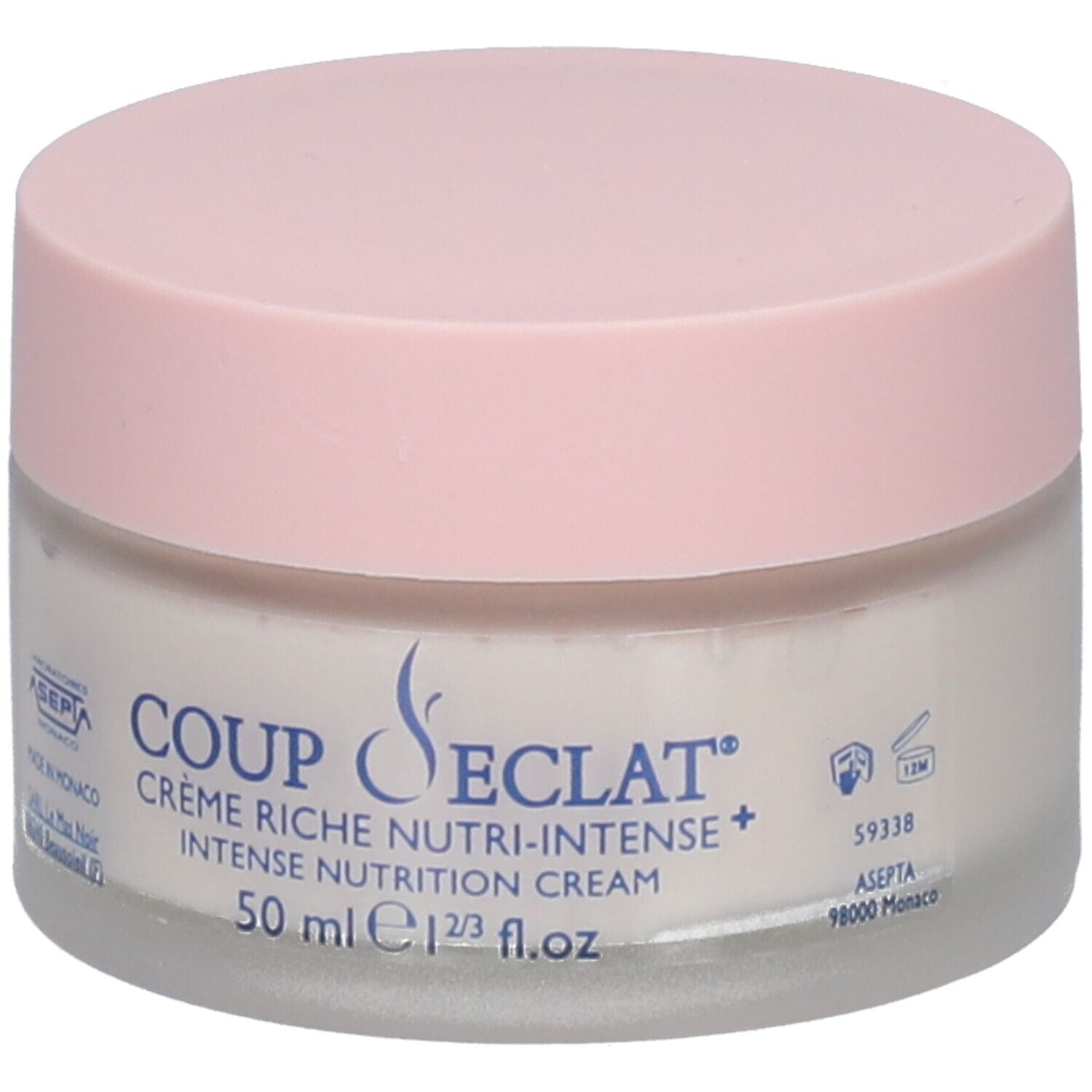 Pot de crème avec couvercle rose. Inscription: Coup d'Éclat Crème Riche Nutri-Intense+. 50 ml.
