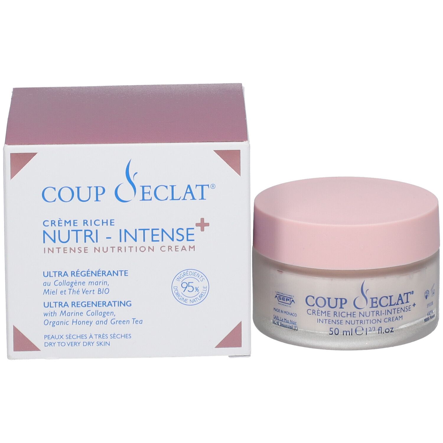 Pot de crème et boîte. Inscription: Coup d'Éclat Crème Riche Nutri-Intense+. 50 ml. 95% ingrédients naturels.