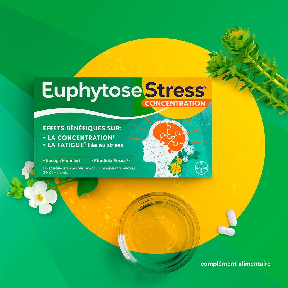 EuphytoseStress® Concentration -Stress ,difficulté de concentration - Bacopa Monnieri et Rhodiola Rosea 2 x 30 comprimés