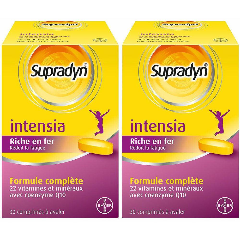 Deux boîtes de Supradyn Intensia. Emballage jaune et violet. Inscriptions : Intensia, Riche en fer, Réduit la fatigue. Contient 30 comprimés.