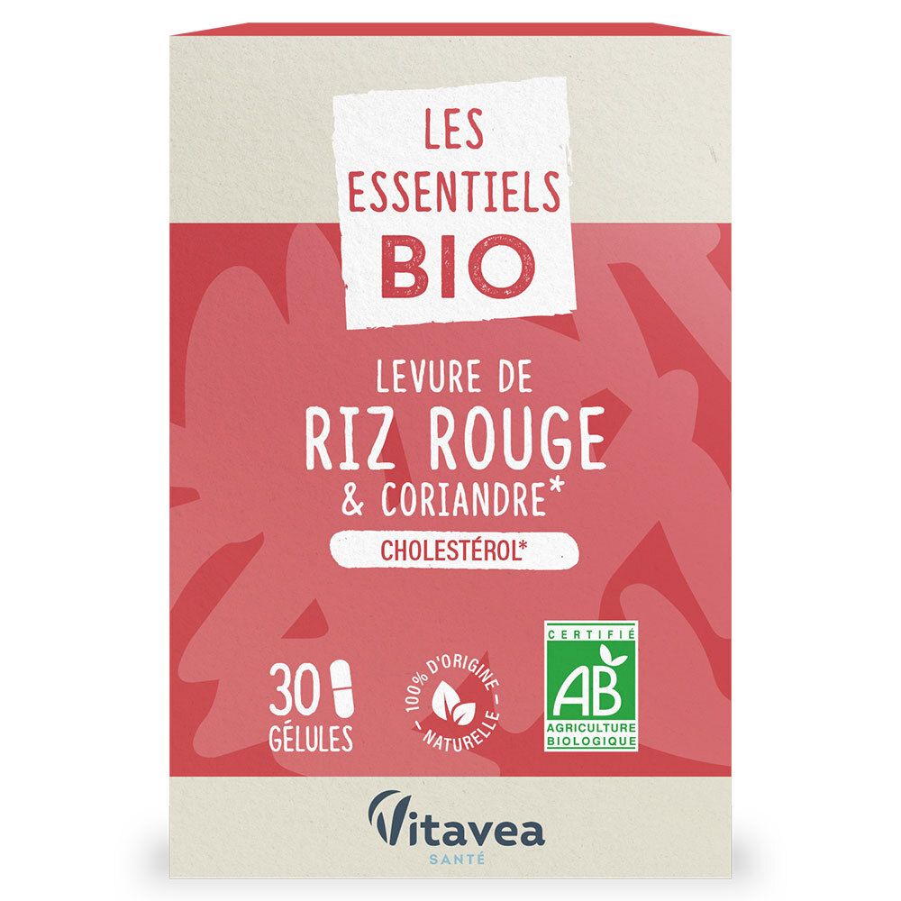 Boîte avec texte rouge. Contient 30 gélules. Inscription: Les Essentiels Bio, Levure de Riz Rouge & Coriandre, Cholestérol.