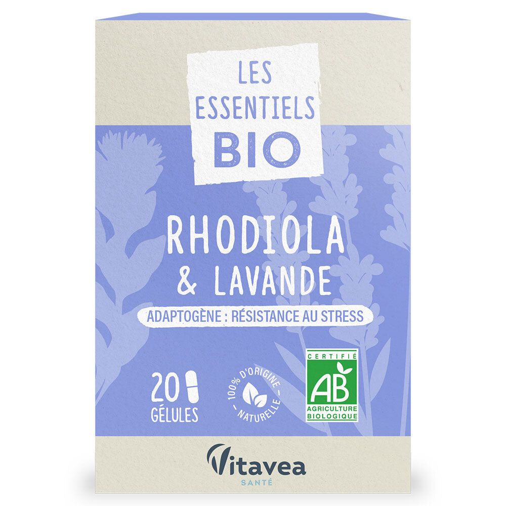 Boîte LES ESSENTIELS BIO Rhodiola & Lavande, 20 gélules, certification AB, origine naturelle. Marque Vitae.