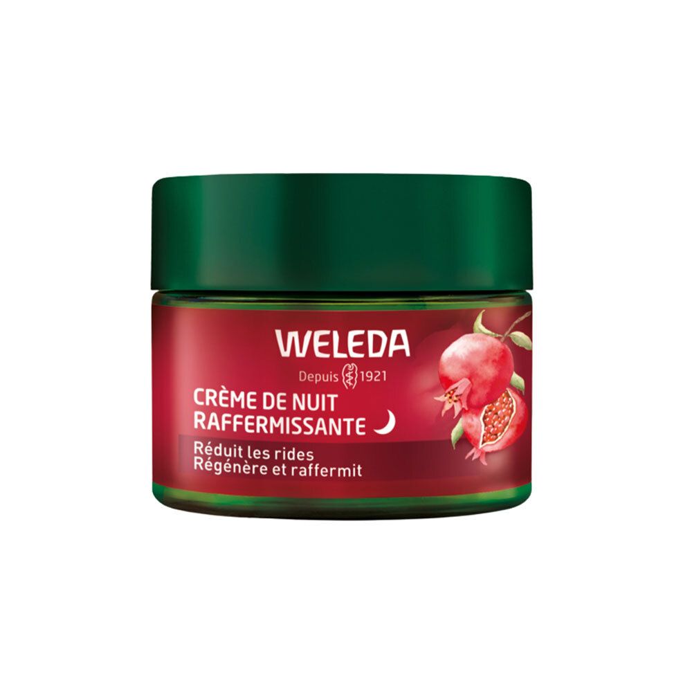 Crème de nuit raffermissante WELEDA. Pot rouge, couvercle vert. Inscription et illustration de grenade.
