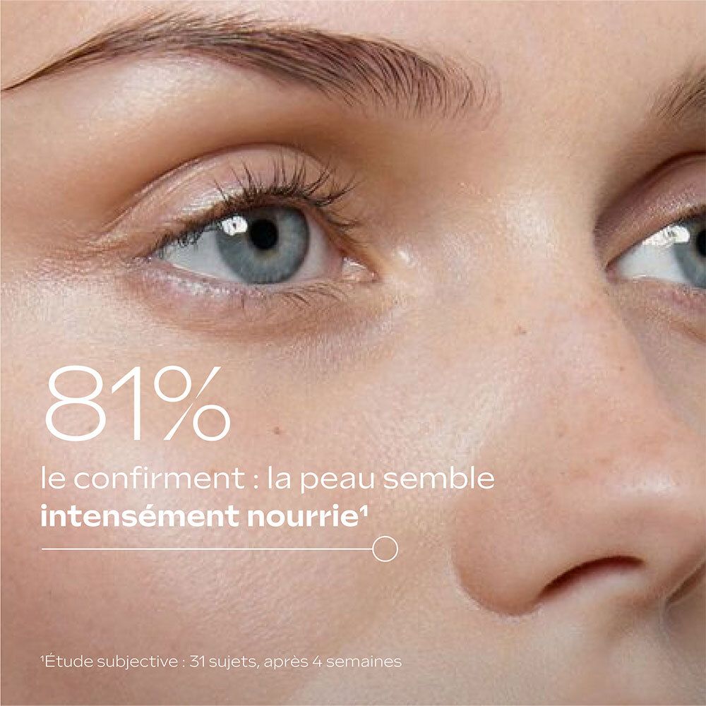 Gros plan d'un visage avec texte : 81% confirment une peau intensément nourrie.