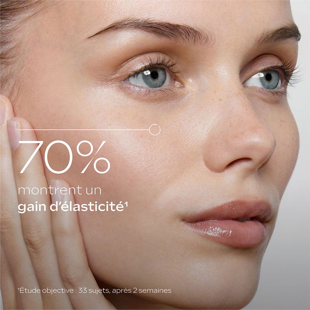 Visage de femme. Texte: 70% montrent un gain d'élasticité. Étude après 2 semaines.