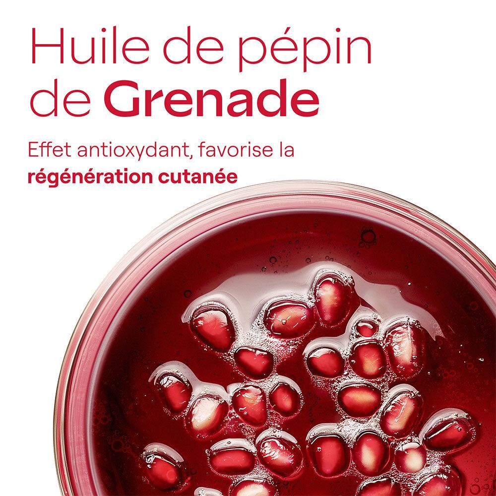 Gros plan sur l'huile de pépins de grenade. Texte: Effet antioxydant, favorise la régénération cutanée.