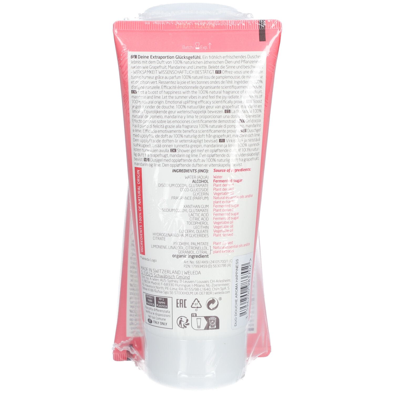 Dos du tube rose. Texte multilingue. Ingrédients et informations fabricant.