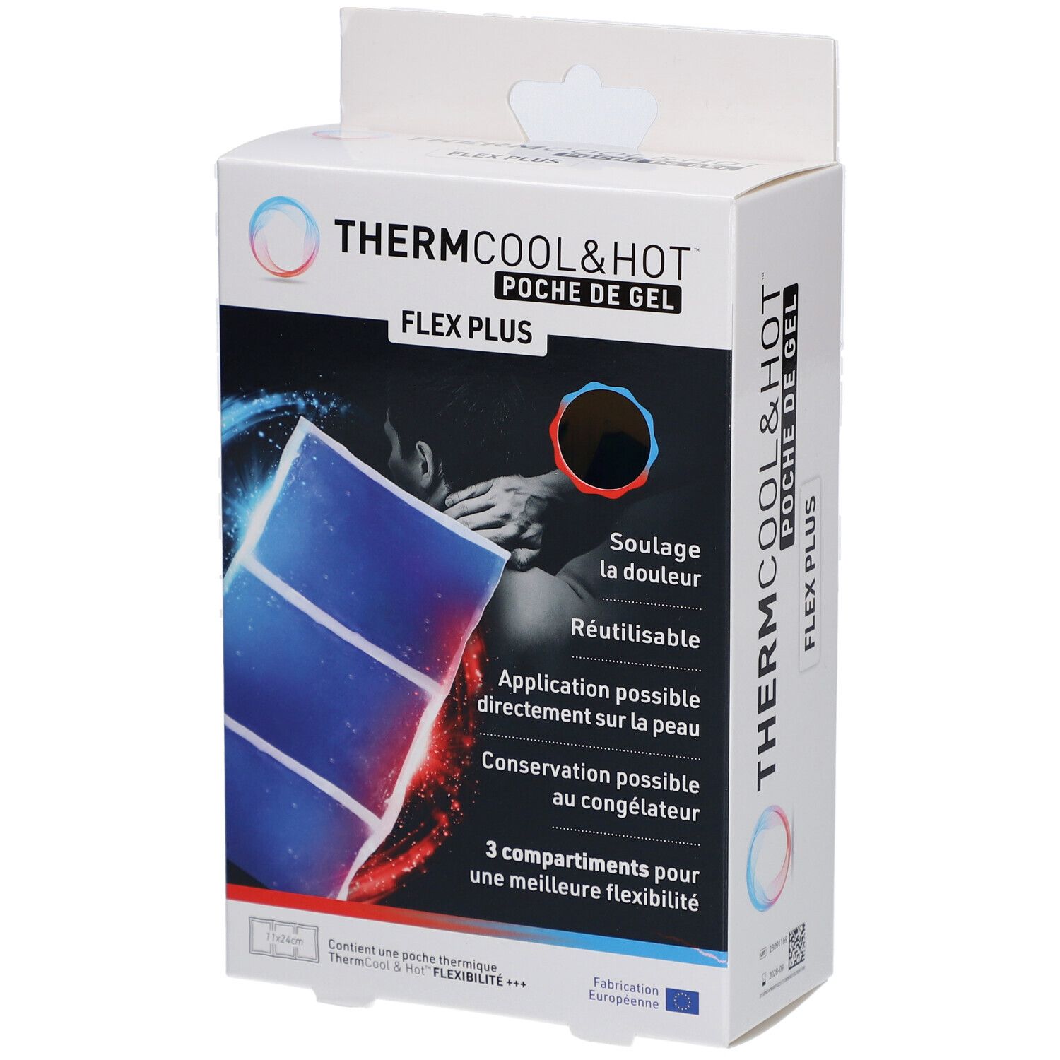 Boîte Thermcool & Hot Flex Plus. Poche de gel bleue à trois compartiments. Texte: Soulae la douleur, Réutilisable.