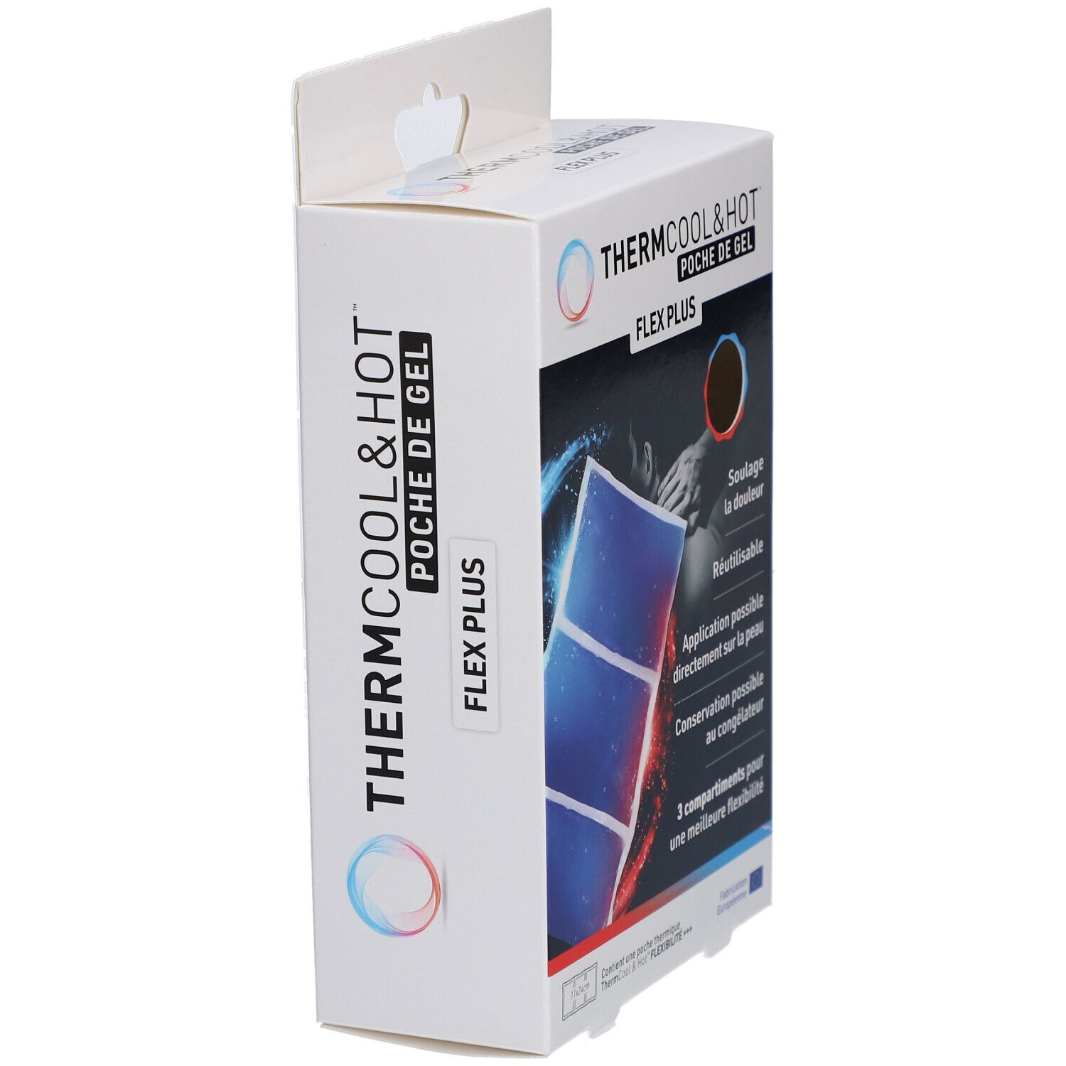 Vue latérale de la boîte Thermcool & Hot Flex Plus. Poche de gel bleue visible. Texte: Thermcool & Hot, Flex Plus.