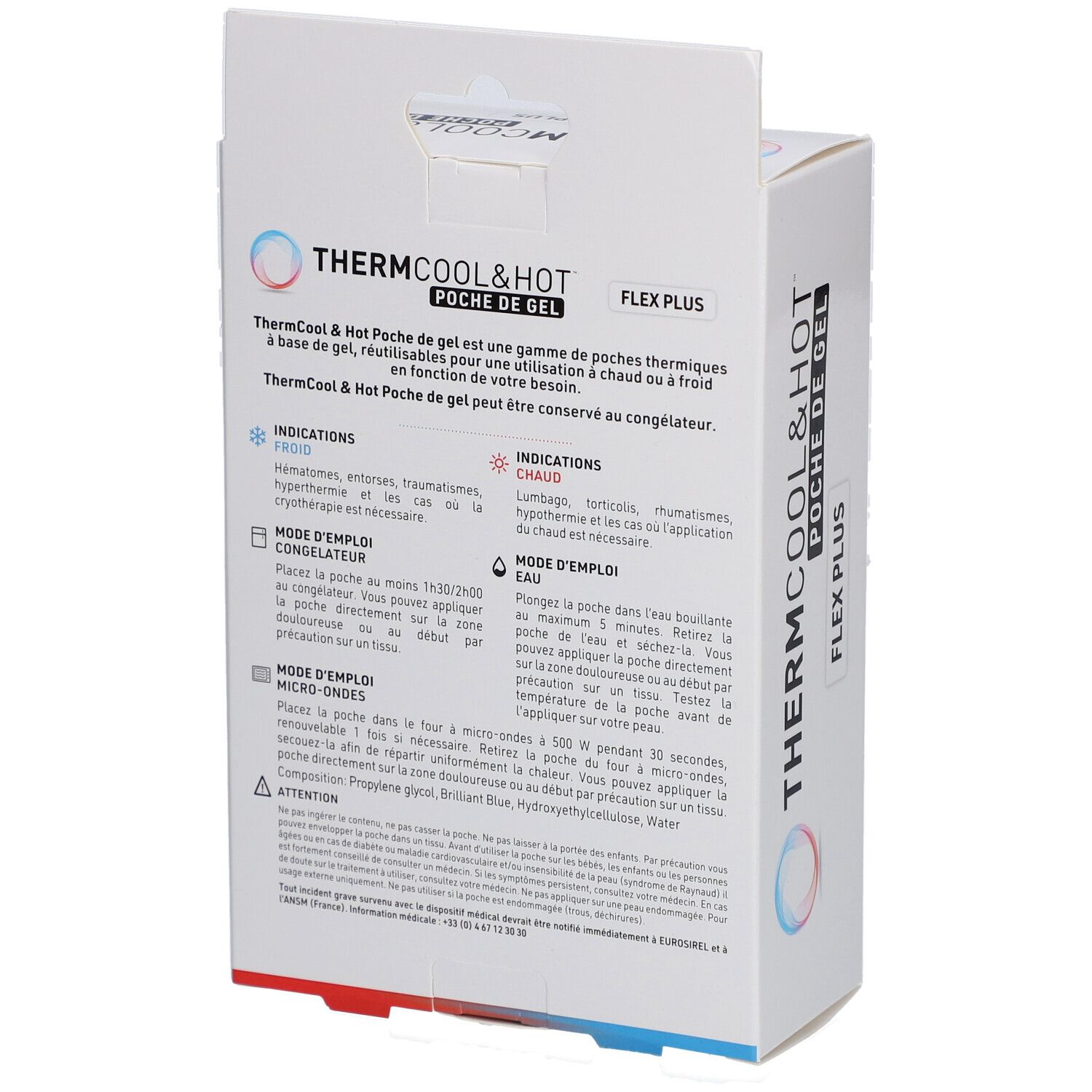 Dos de la boîte Thermcool & Hot Flex Plus. Texte: Thermcool & Hot Poche de gel, Indications, Mode d'emploi.