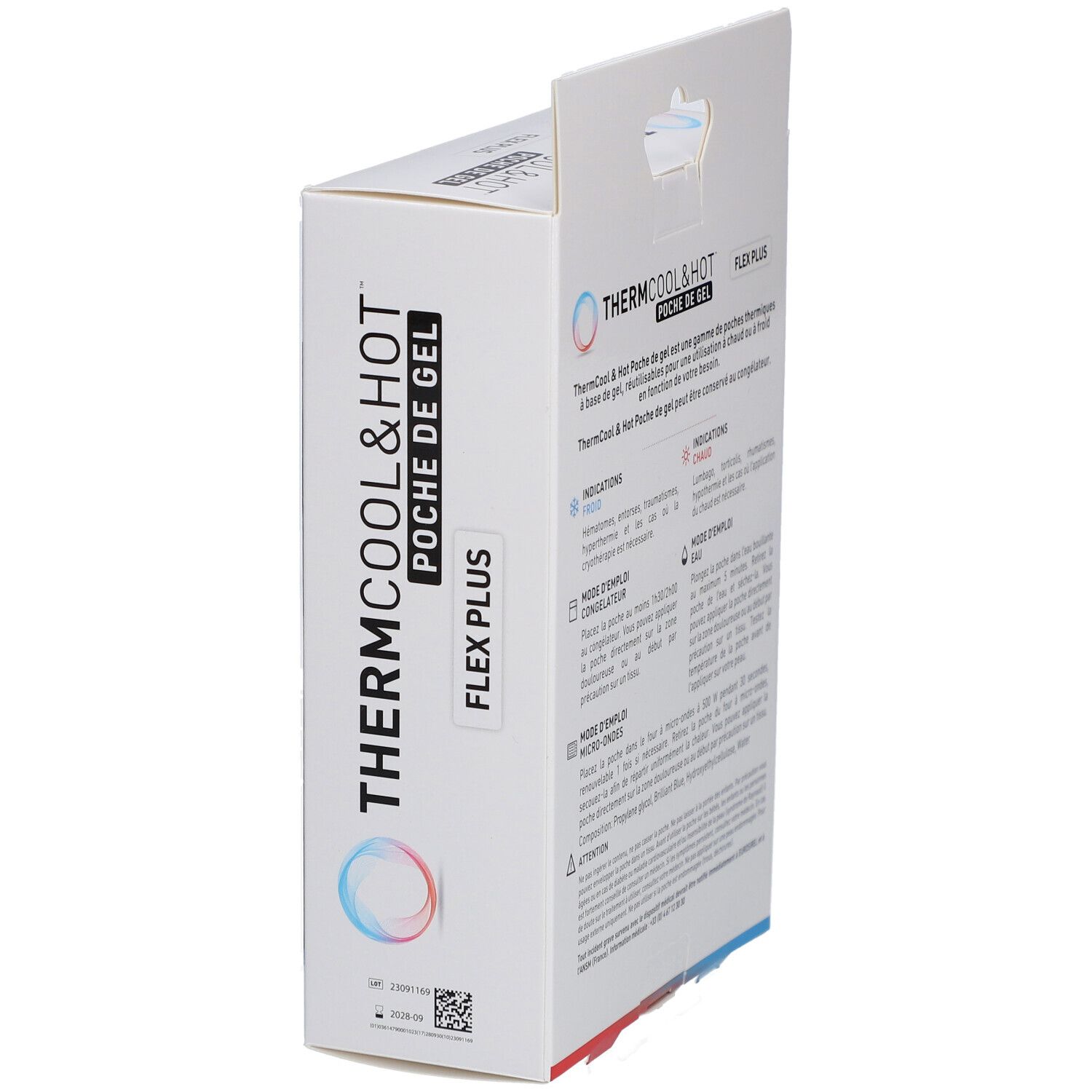 Vue latérale de la boîte Thermcool & Hot Flex Plus. Texte: Thermcool & Hot, Flex Plus, Numéro de lot.