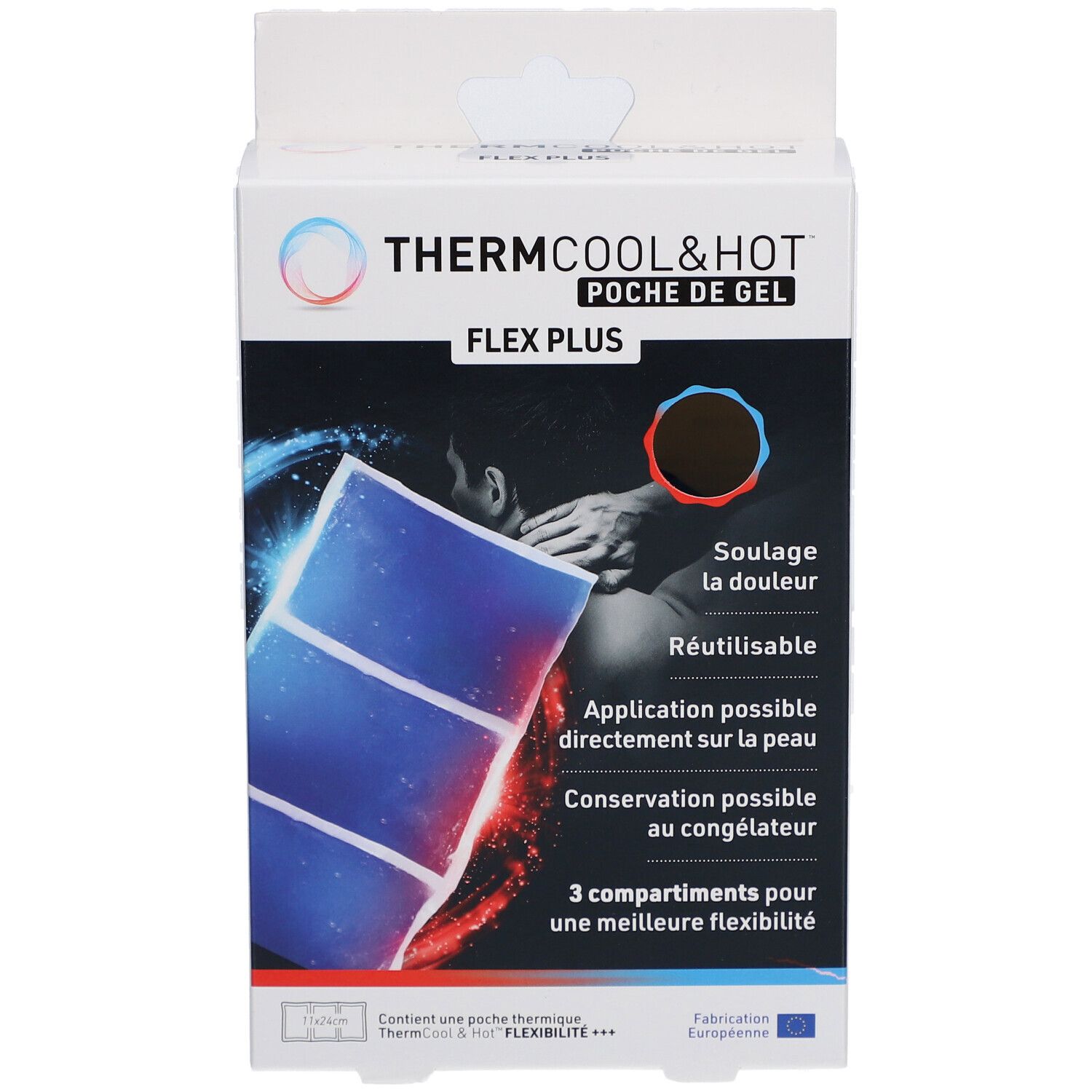 Boîte Thermcool & Hot Flex Plus. Poche de gel bleue à trois compartiments. Texte: Soulae la douleur, Réutilisable.