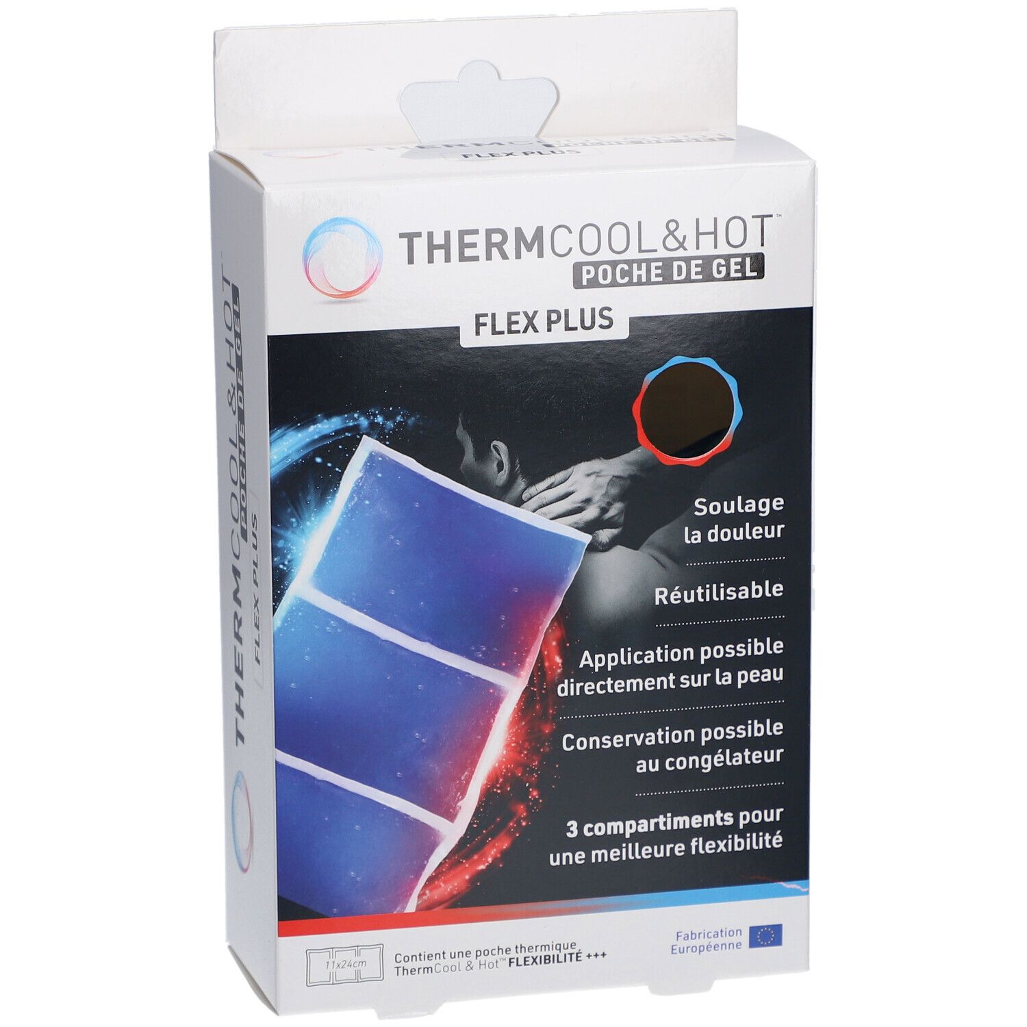 Boîte Thermcool & Hot Flex Plus. Poche de gel bleue à trois compartiments. Texte: Soulae la douleur, Réutilisable.