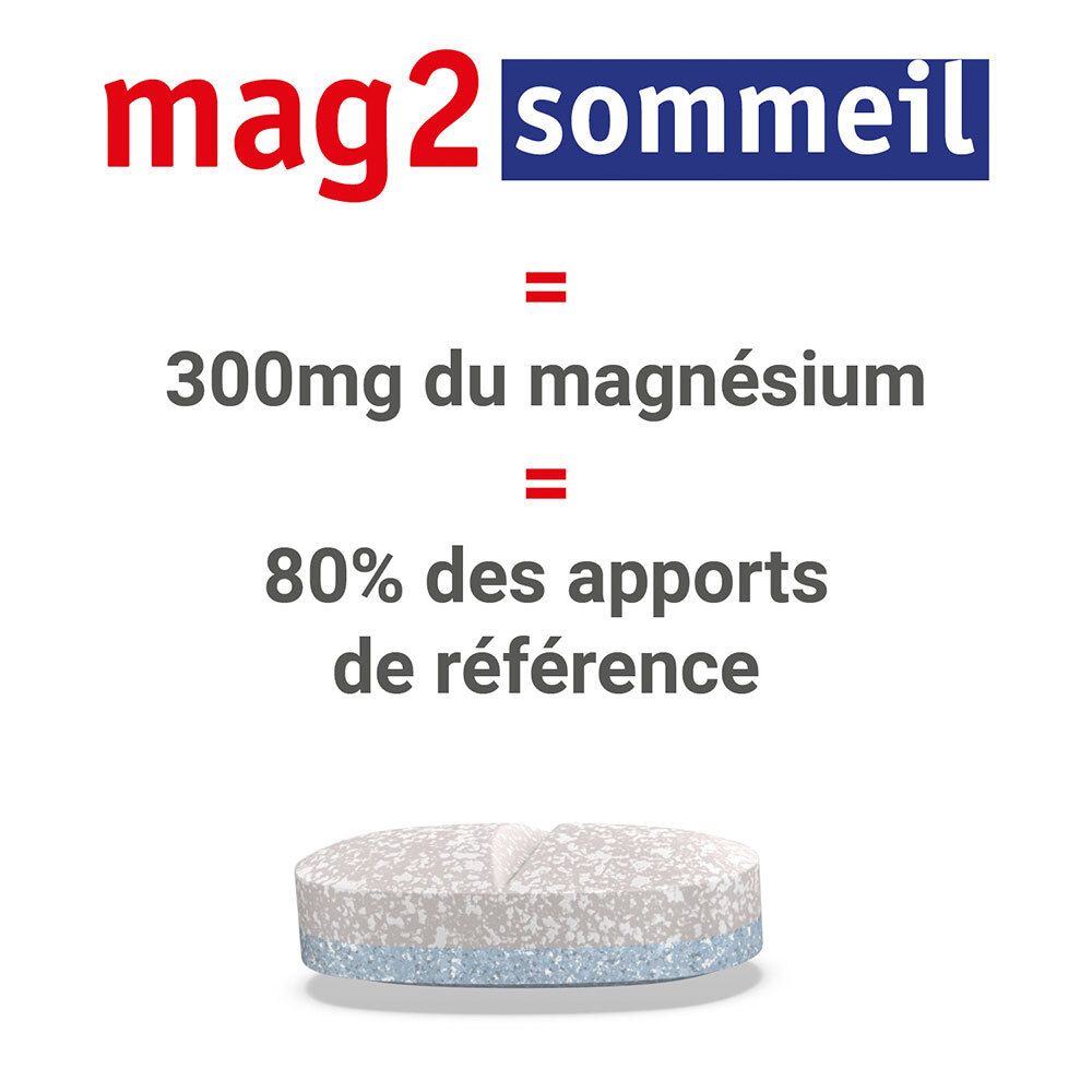 Mag 2 Sommeil apporte 300mg de magnésium, 80% des apports de référence.