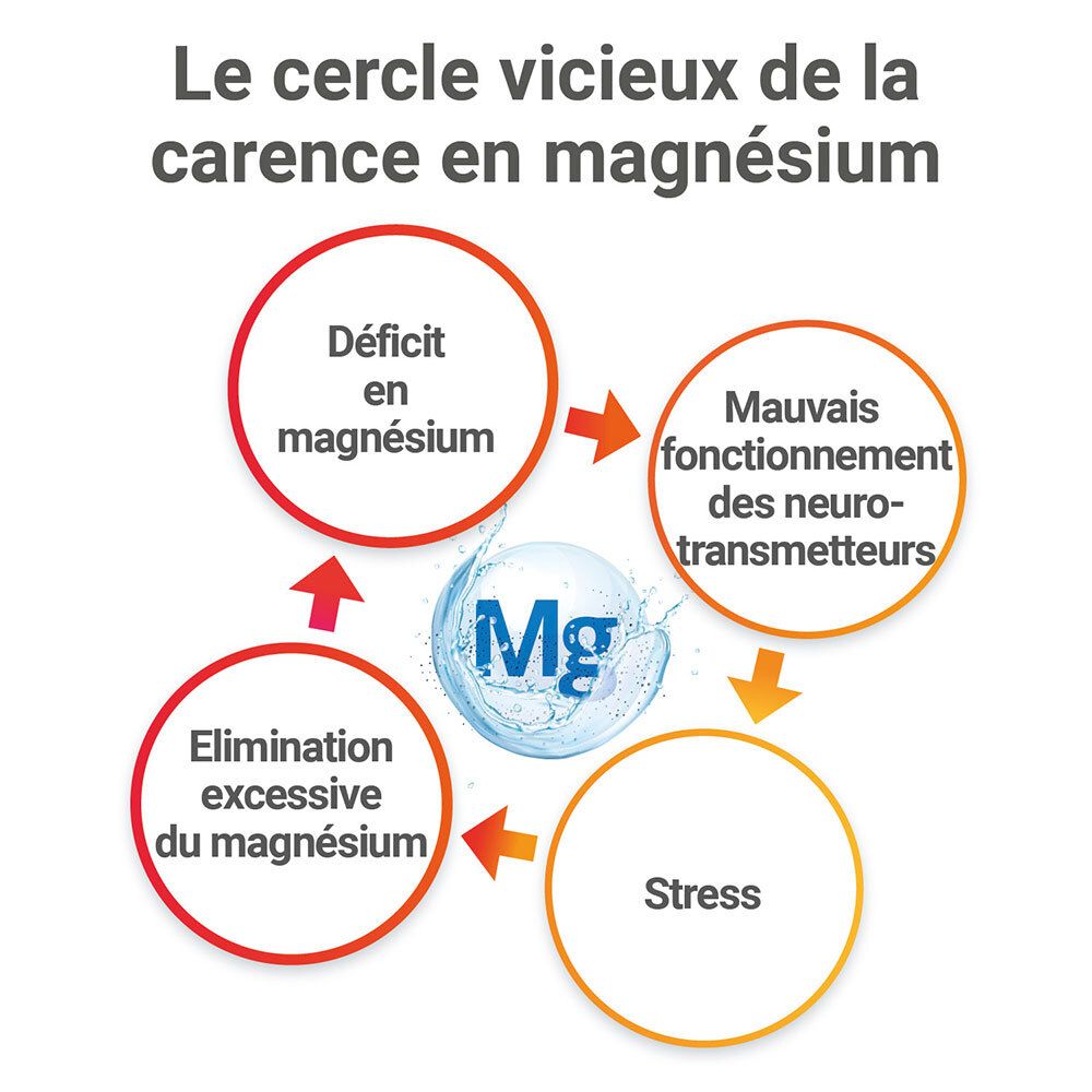 Le cercle vicieux d'une carence en magnésium : stress, mauvais fonctionnement neurotransmetteurs, déficit magnésien.