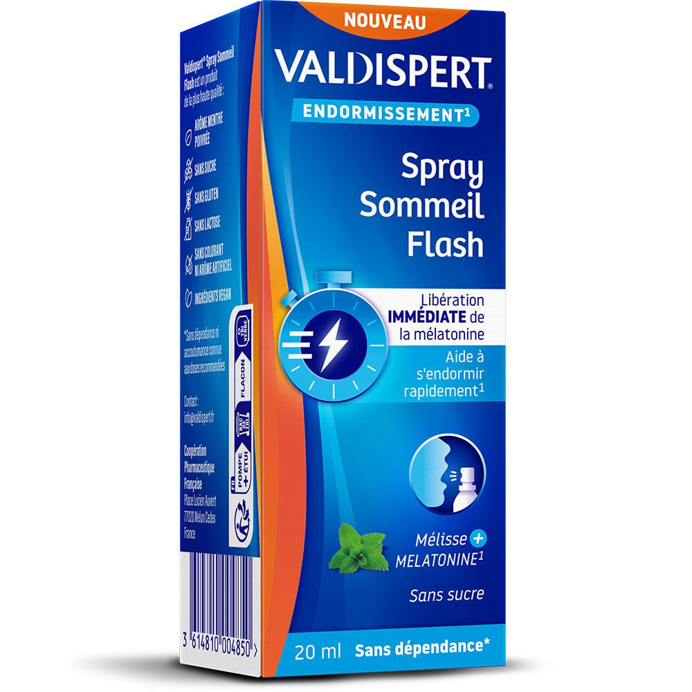 Valdispert Spray Sommeil Flash. Boîte bleue, informations produit.