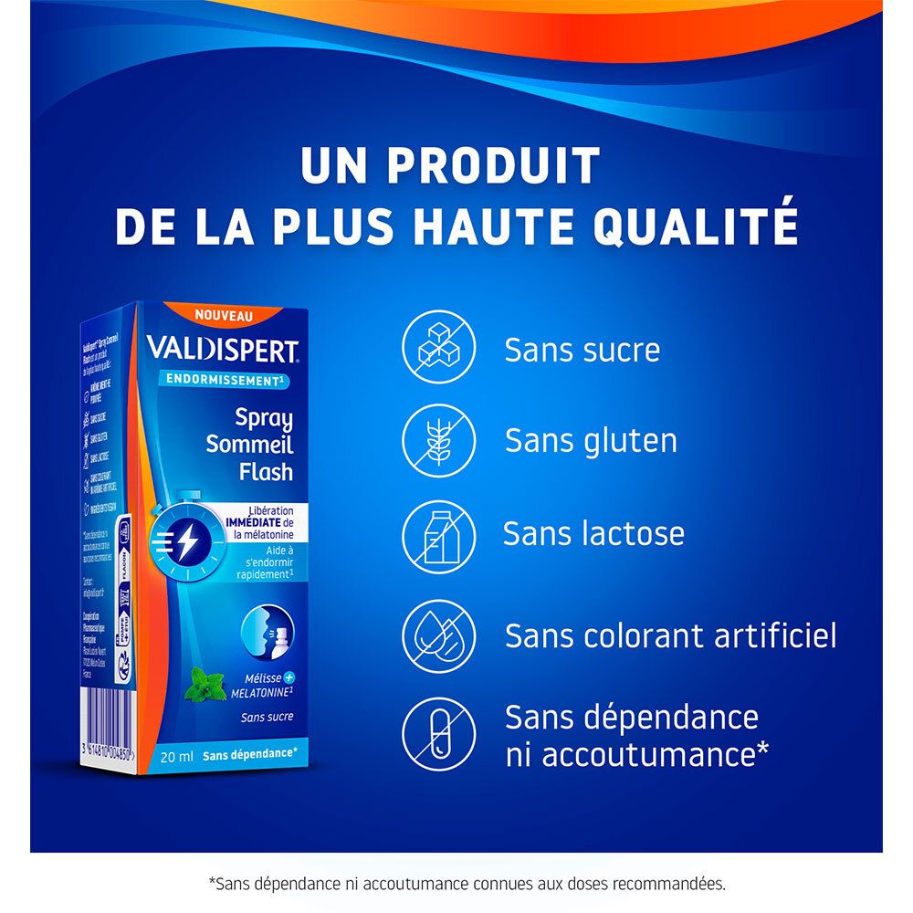 Valdispert Spray Sommeil Flash. Sans sucre, gluten, lactose, colorant.