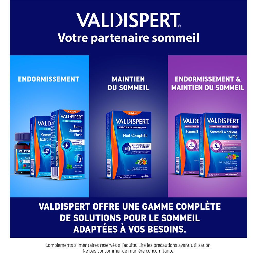 Gamme Valdispert pour le sommeil : spray, comprimés, gélules.