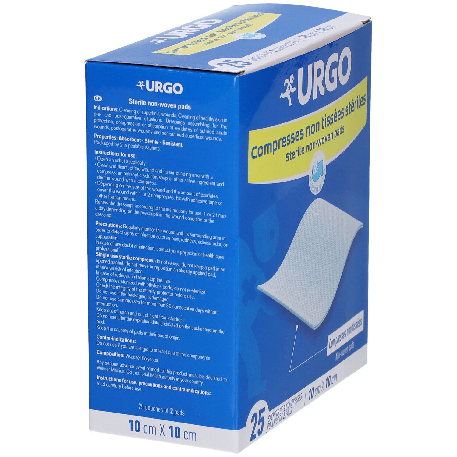 Boîte bleue URGO. Compresses non tissées stériles. Texte et informations produit.
