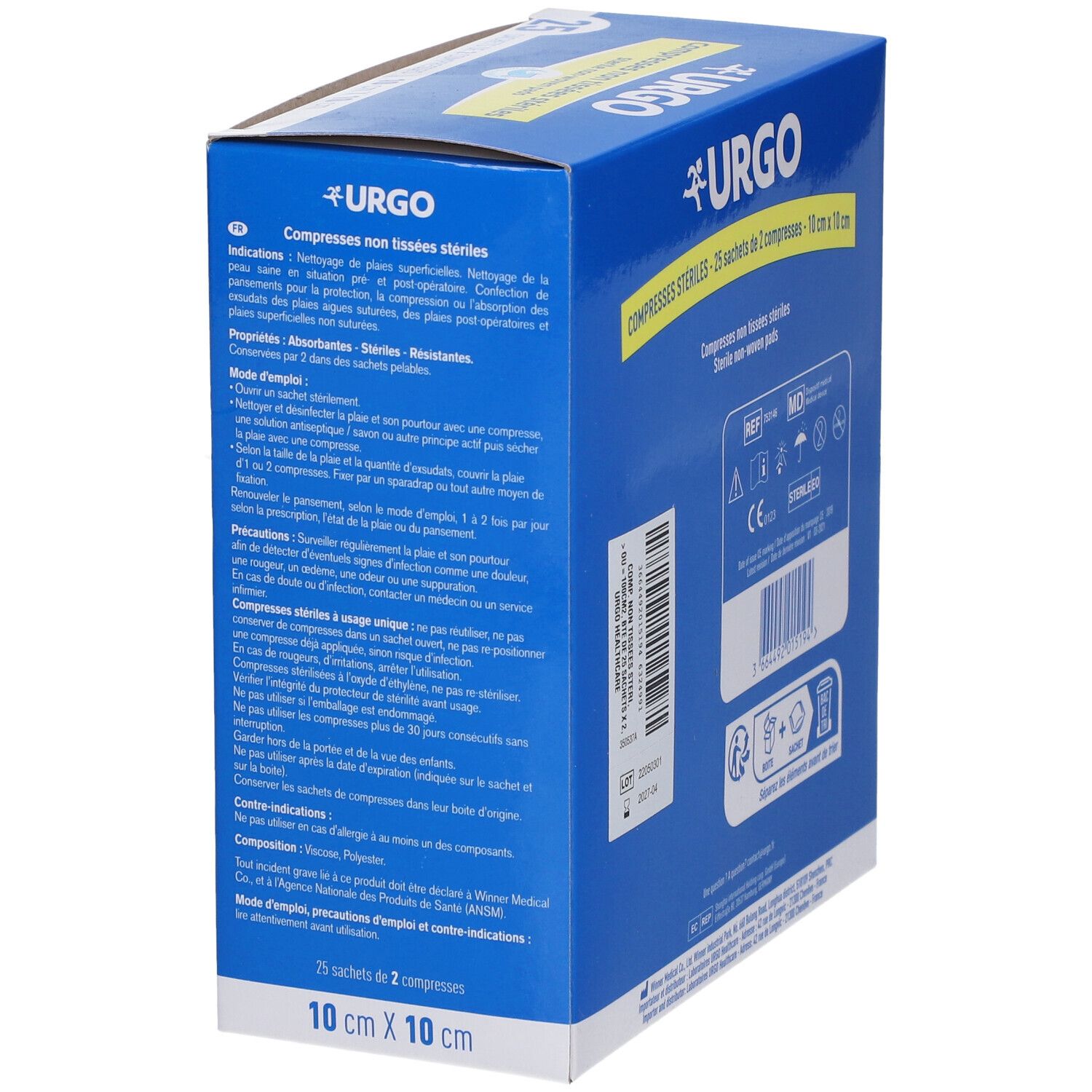 Boîte bleue URGO avec texte et informations produit. Compresses non tissées stériles.