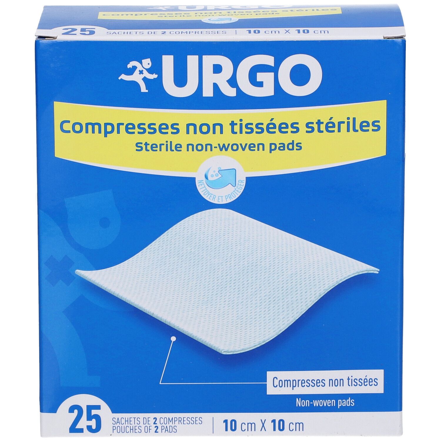 Boîte bleue et jaune URGO. Compresses non tissées stériles. 25 compresses, 10 x 10 cm.