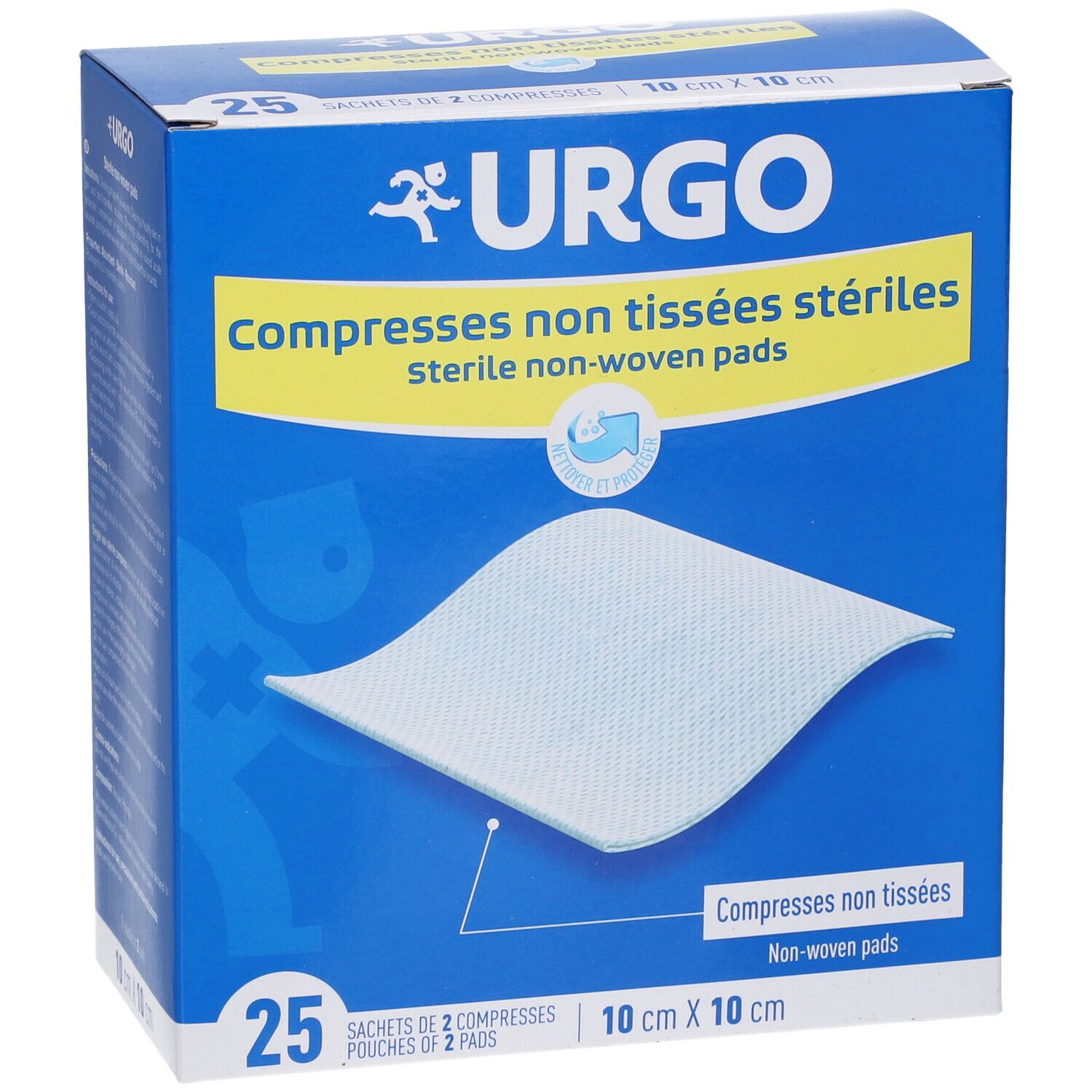 Boîte bleue et jaune URGO. Compresses non tissées stériles. 25 compresses, 10 x 10 cm.