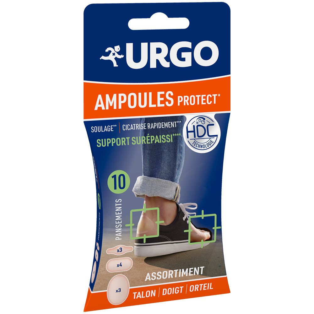 Boîte de 10 pansements URGO AMPULES PROTECT. Illustration d'un pied avec pansements. Assortiment de 3 formes.