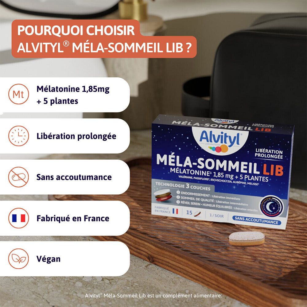 Emballage Alvityl Méla-Sommeil LIB. Caractéristiques : Mélatonine, 5 plantes, libération prolongée, sans accoutumance, vegan, fabriqué en France.