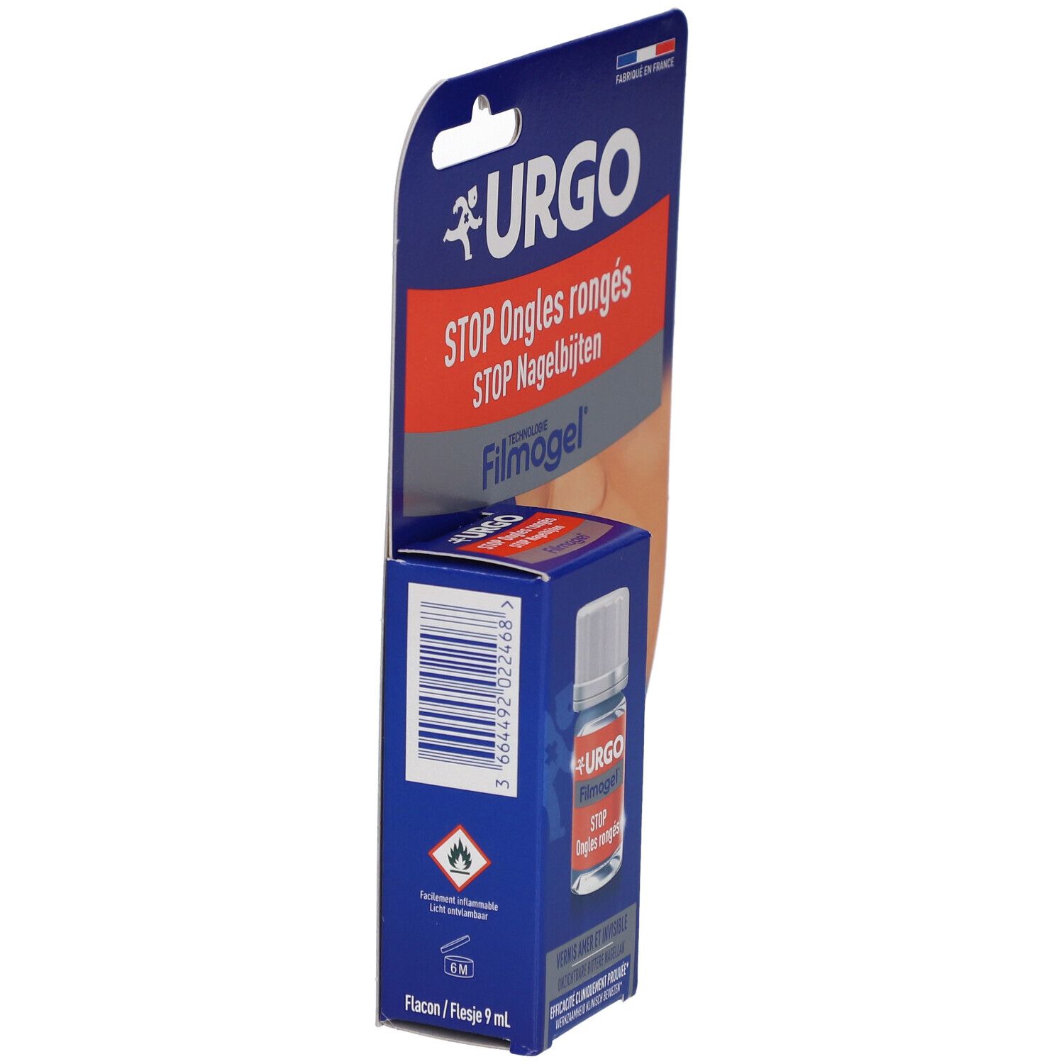 Vue latérale de l'emballage URGO Stop Ongles rongés. Flacon dans blister. Avertissements et informations produit.