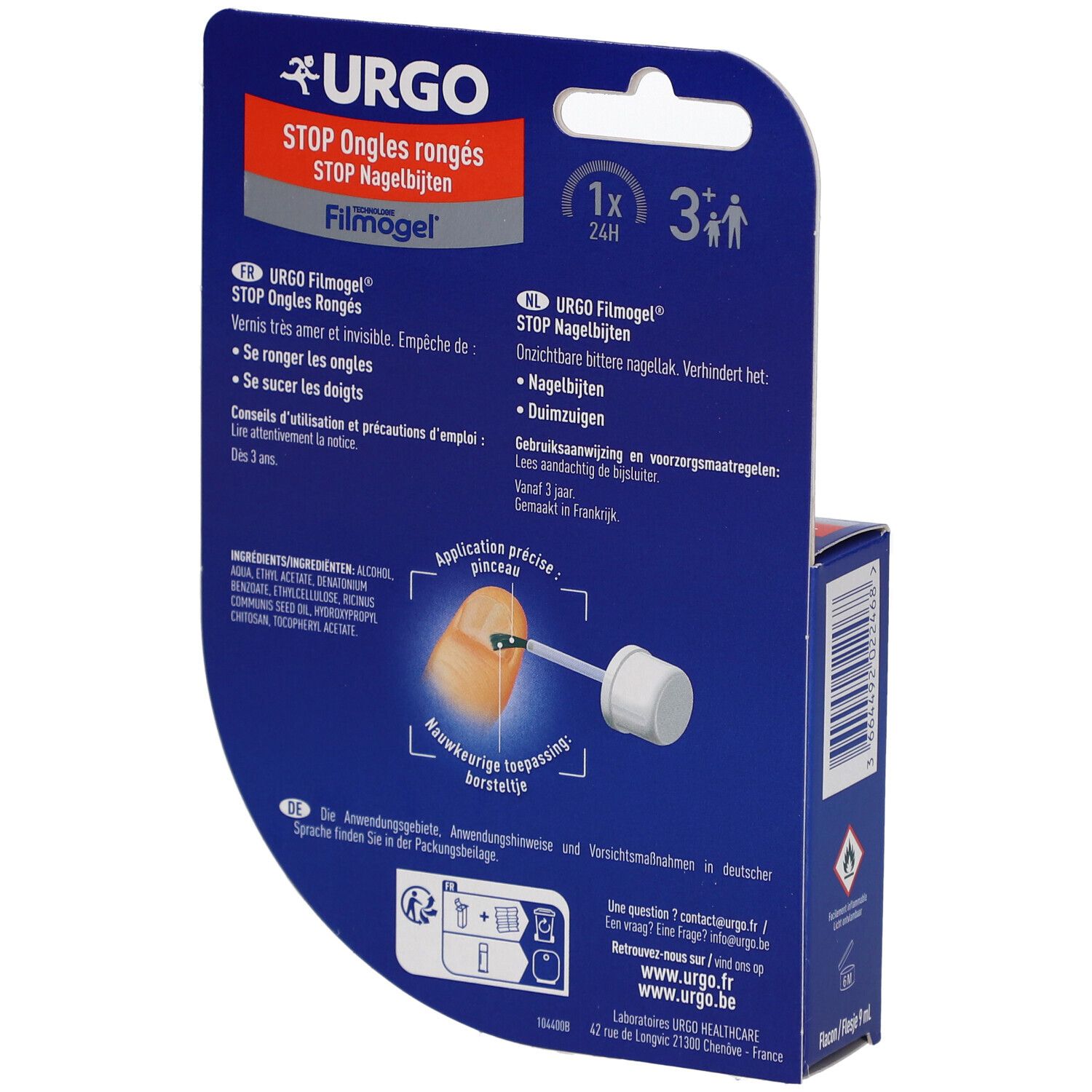 Dos de l'emballage URGO Stop Ongles rongés. Informations produit, ingrédients et instructions d'utilisation.