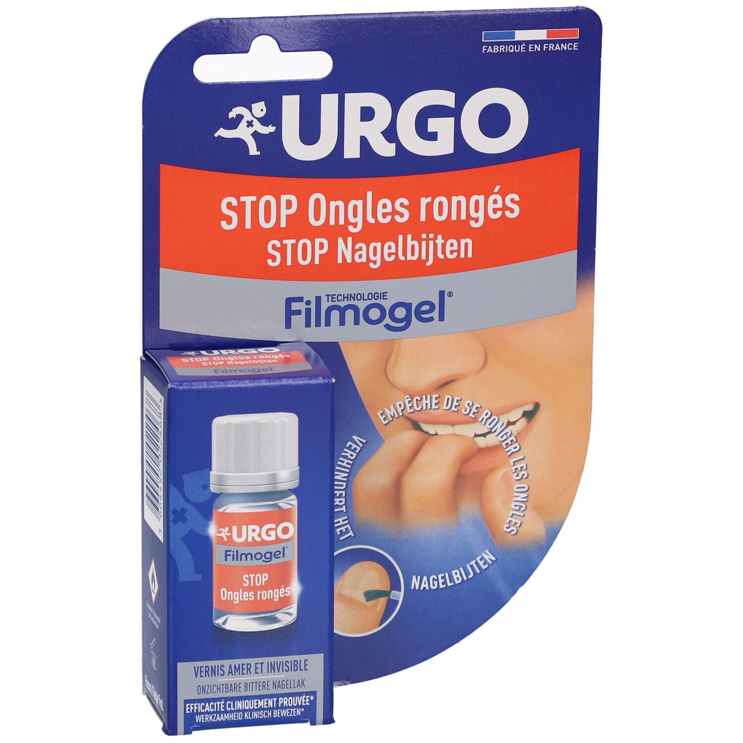 Emballage URGO Stop Ongles rongés. Flacon et blister. Nom du produit et logo visibles. Fabriqué en France.