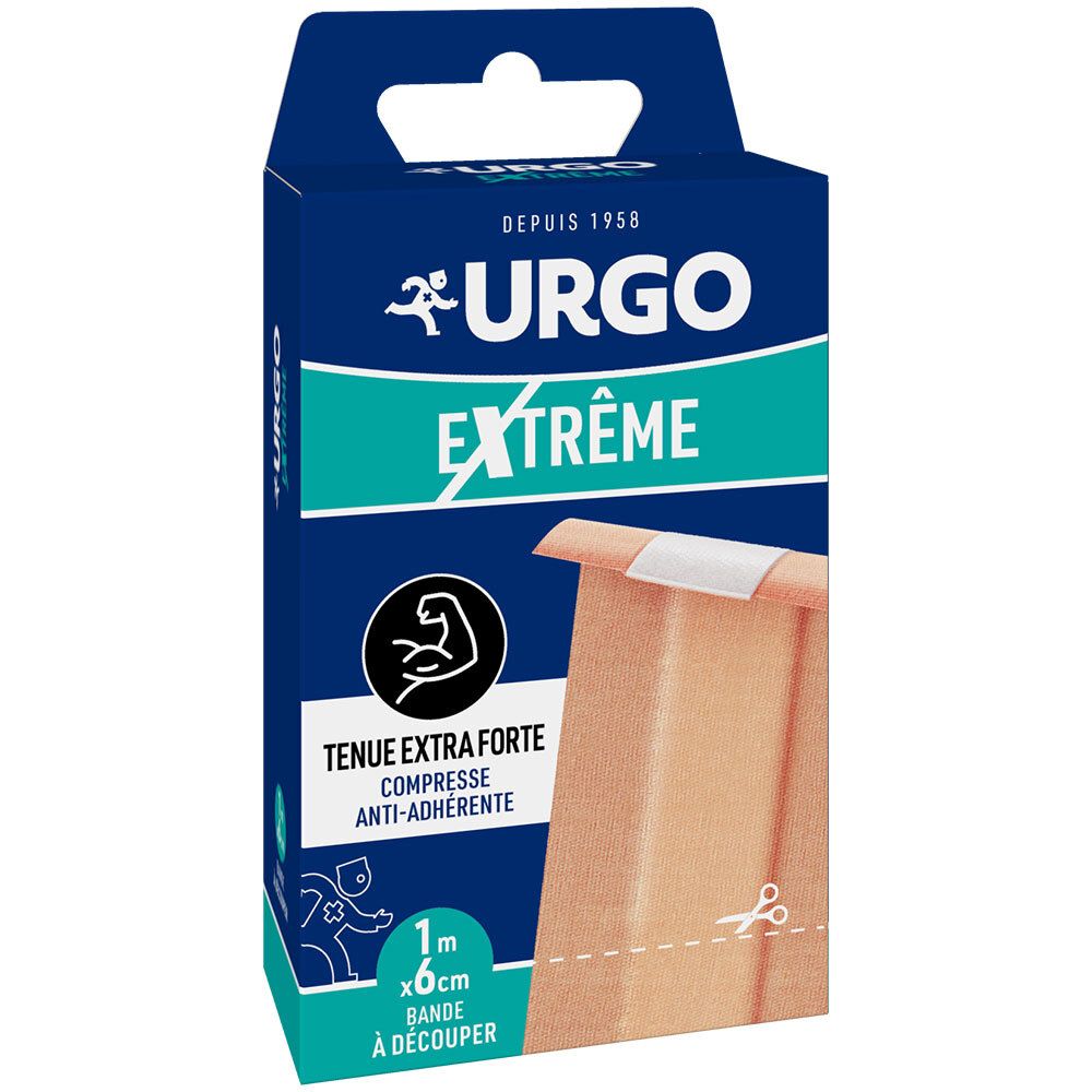 Boîte bleue et blanche URGO Extrême. Montre un rouleau de pansement, 1m x 6cm. Texte: Tenue Extra Forte, Compresse Anti-adhérente.