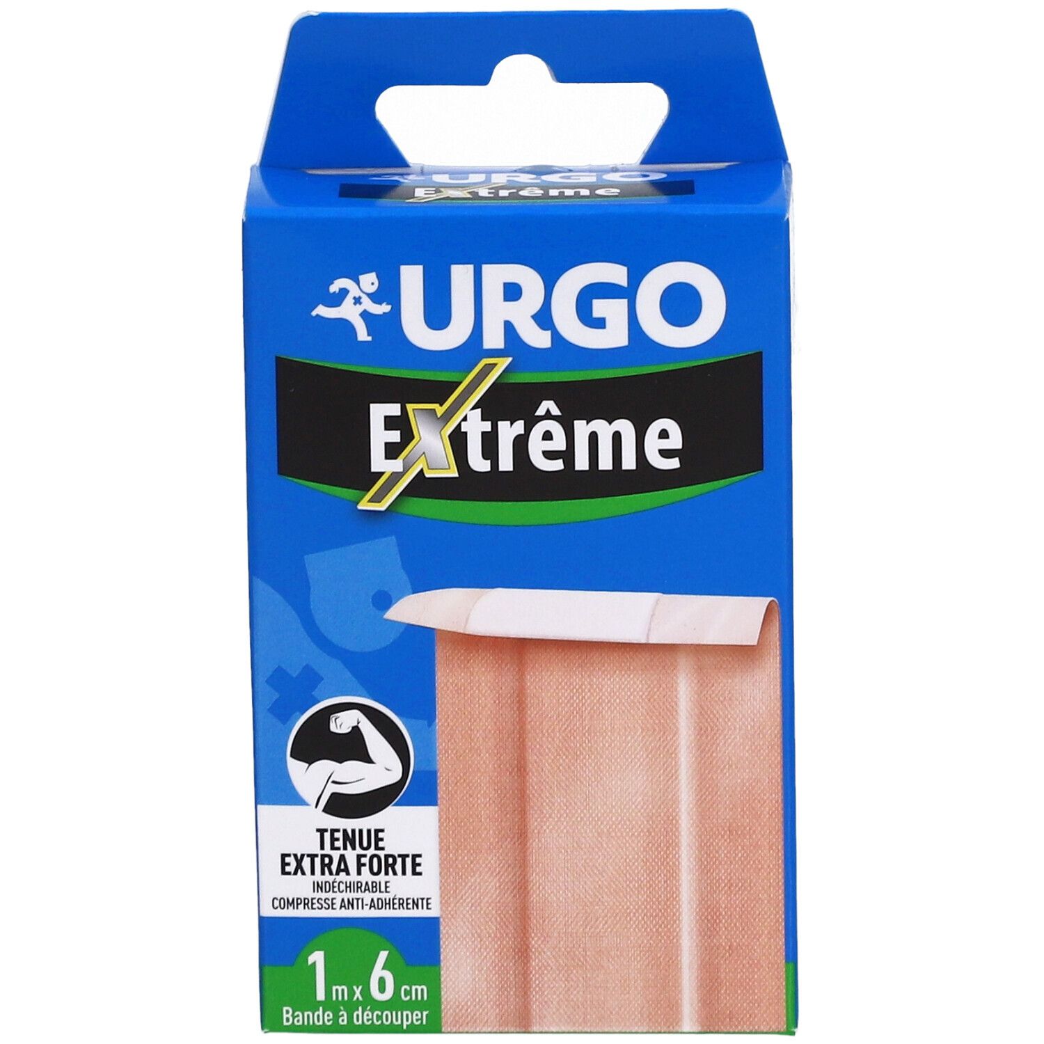 Boîte bleue de pansements URGO Extrême. Un pansement est visible. Inscription : Tenue extra forte, 1 m x 6 cm.