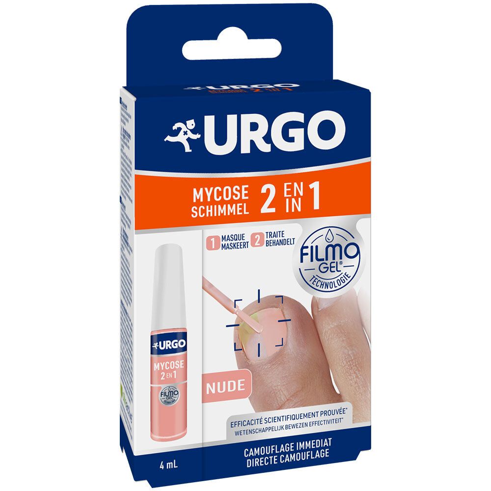 Boîte URGO Filmogel Mycose 2en1 Nude. Montre produit, applicateur et pied. Texte: Mycose 2en1, Nude, Filmogel.