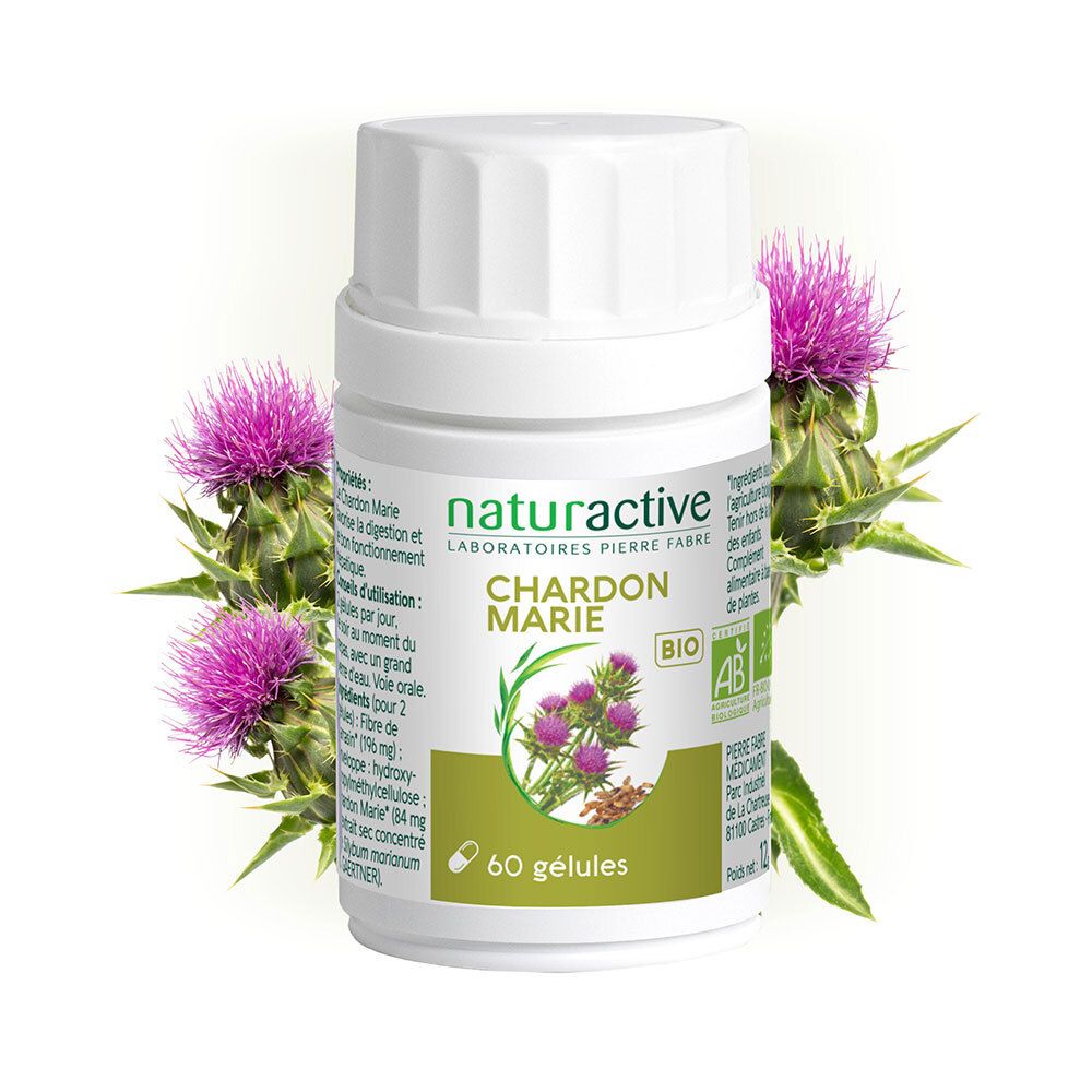 Flacon blanc avec inscription: Chardon Marie BIO. 60 gélules. Illustration du chardon-marie. Label AB bio. Plantes.