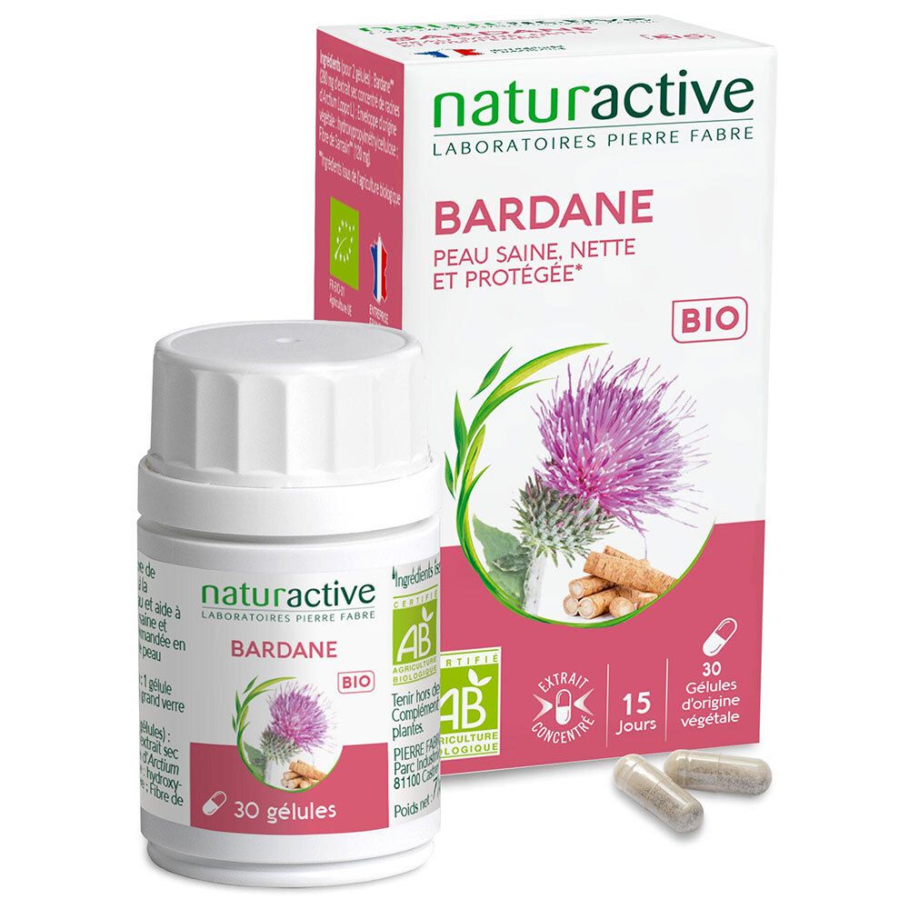Naturactive Bardane BIO. Flacon et boîte avec gélules. Inscriptions: Bardane, 30 gélules, label BIO, label AB.