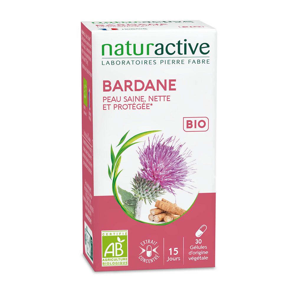 Naturactive Bardane BIO. Boîte avec inscriptions: Bardane, 30 gélules, label BIO, label AB. Illustration: fleur de chardon et racines.