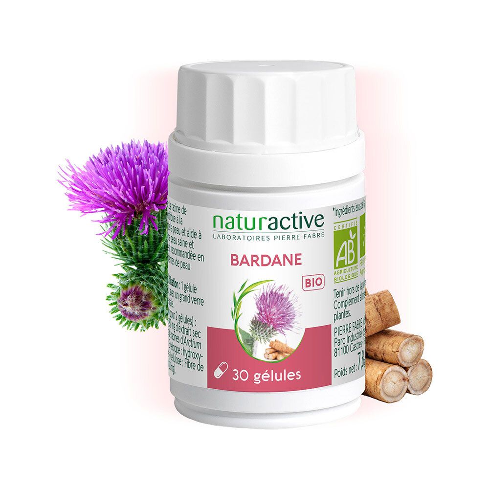 Naturactive Bardane BIO. Flacon blanc avec 30 gélules. Inscriptions: Bardane, label BIO, label AB. Illustration: fleur de chardon et racines.