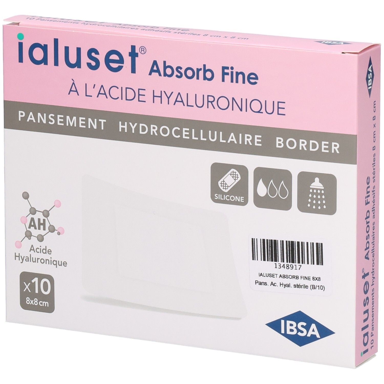 Boîte Ialuset Absorb Fine. Rose et blanche, informations produit et logo. Pansement hydrocellulaire. 8x8 cm, x10.