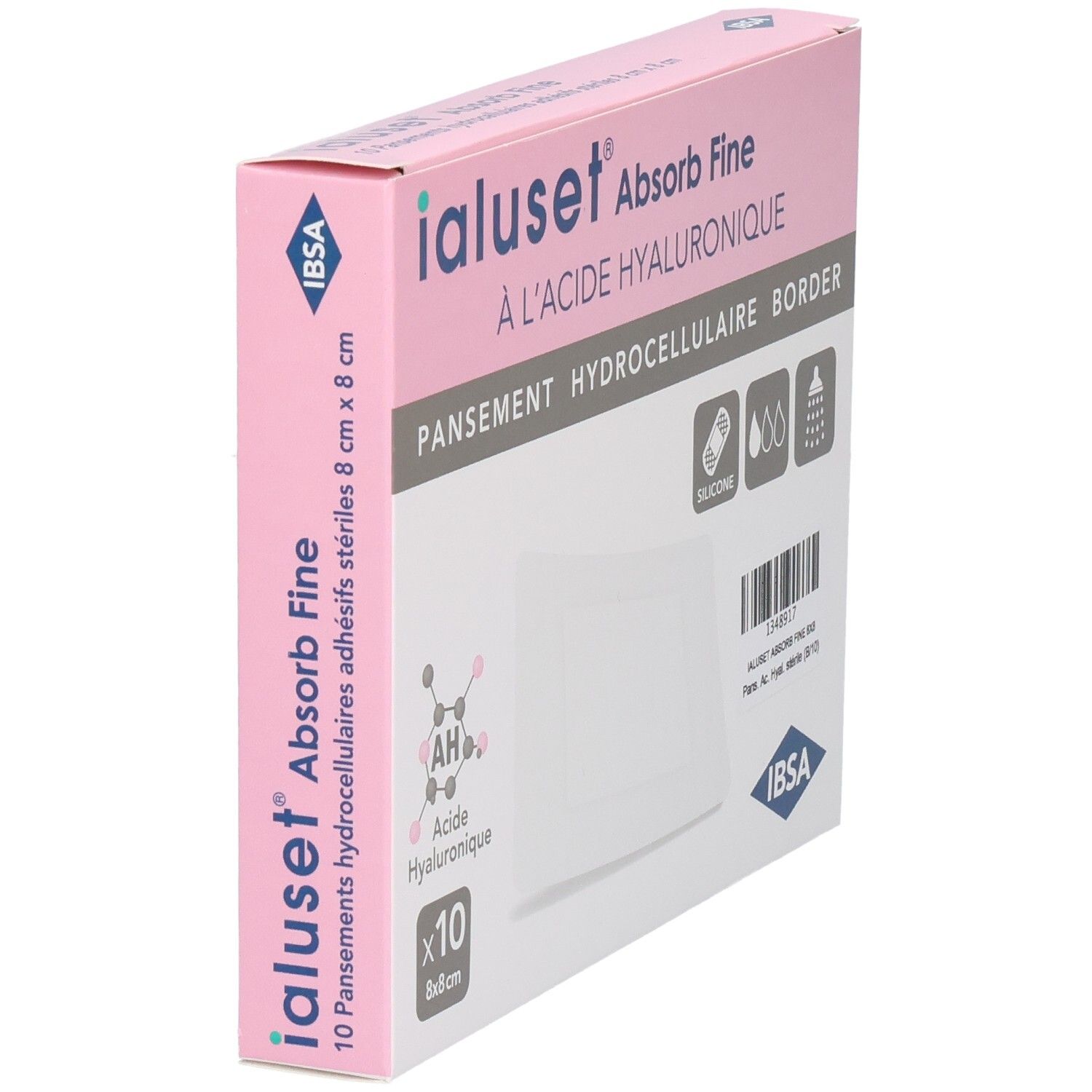 Boîte Ialuset Absorb Fine en biais. Rose et blanche, logo et nom du produit. 10 pansements 8x8 cm.