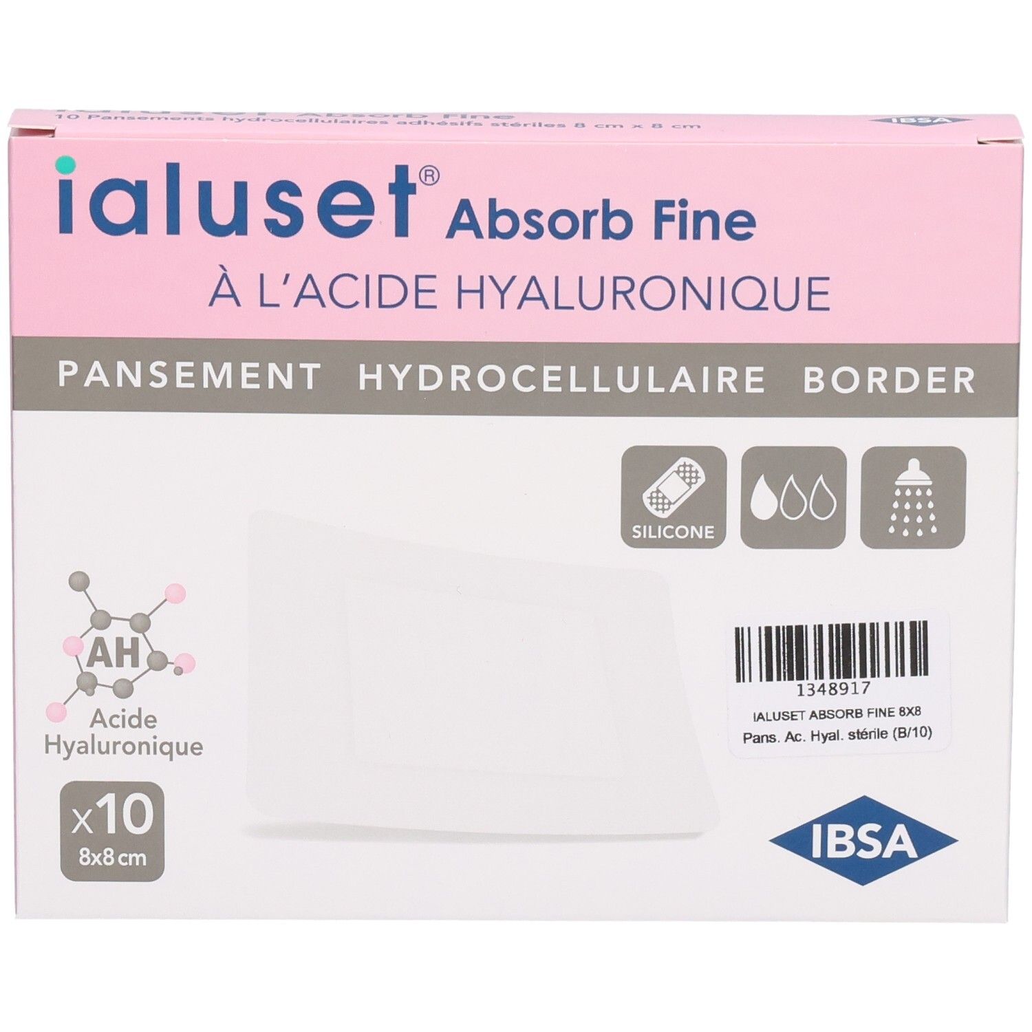 Vue de face de la boîte Ialuset Absorb Fine. Rose et blanc, nom du produit, logo, 8x8 cm, x10.