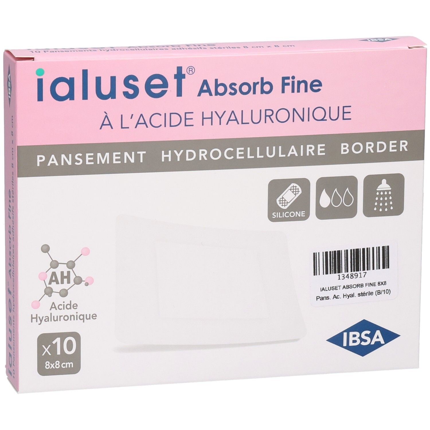 Vue de face de la boîte Ialuset Absorb Fine. Rose et blanc, nom du produit, logo, 8x8 cm, x10.