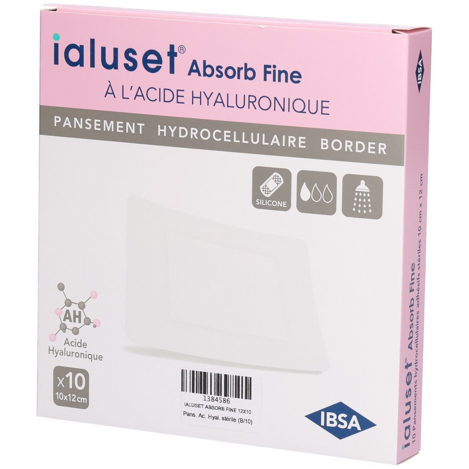 Boîte Ialuset Absorb Fine. Rose et blanche, nom et logo visibles. Contient dix pansements 10x12 cm.
