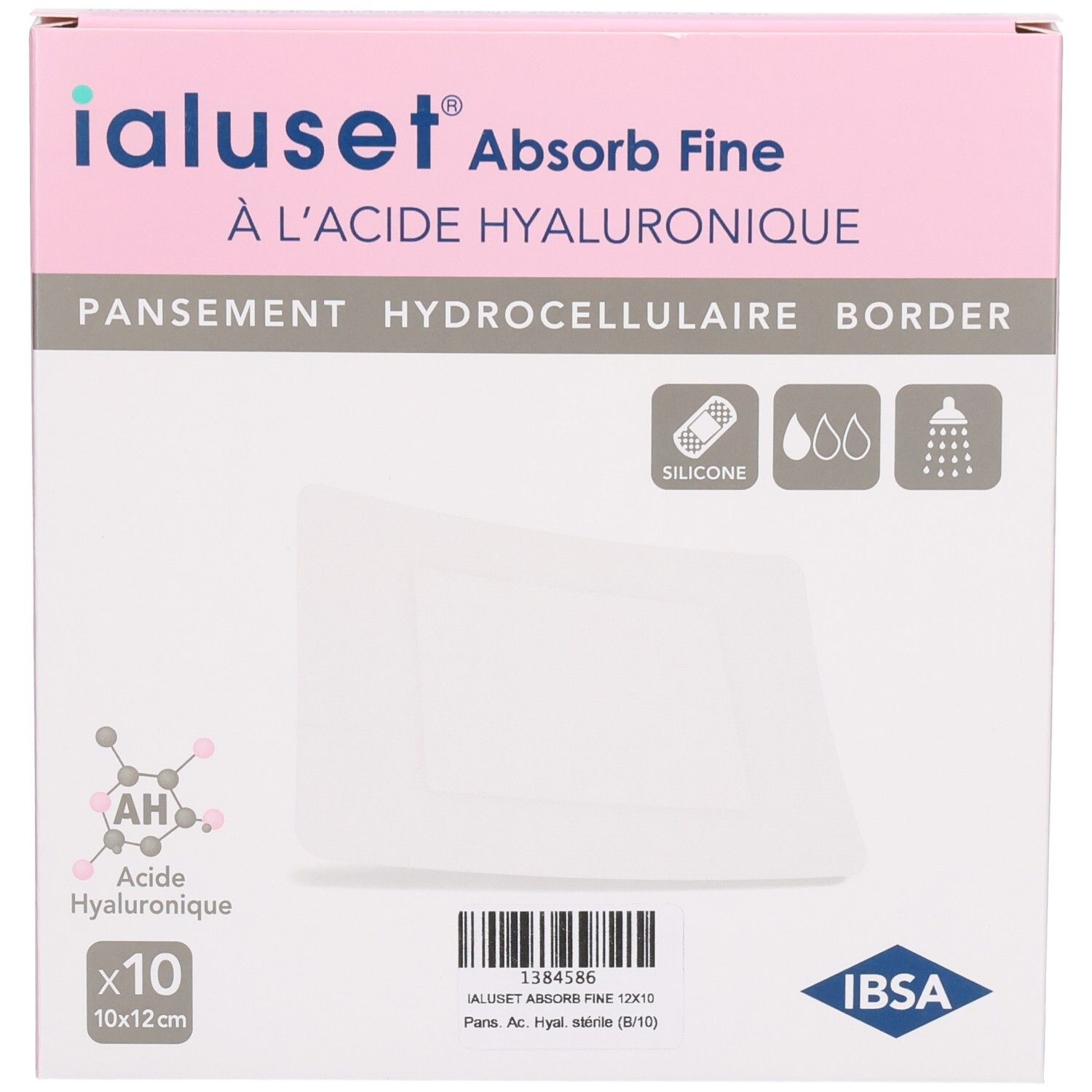 Face avant de la boîte Ialuset Absorb Fine. Rose et blanche, nom et logo. Dix pansements 10x12 cm.