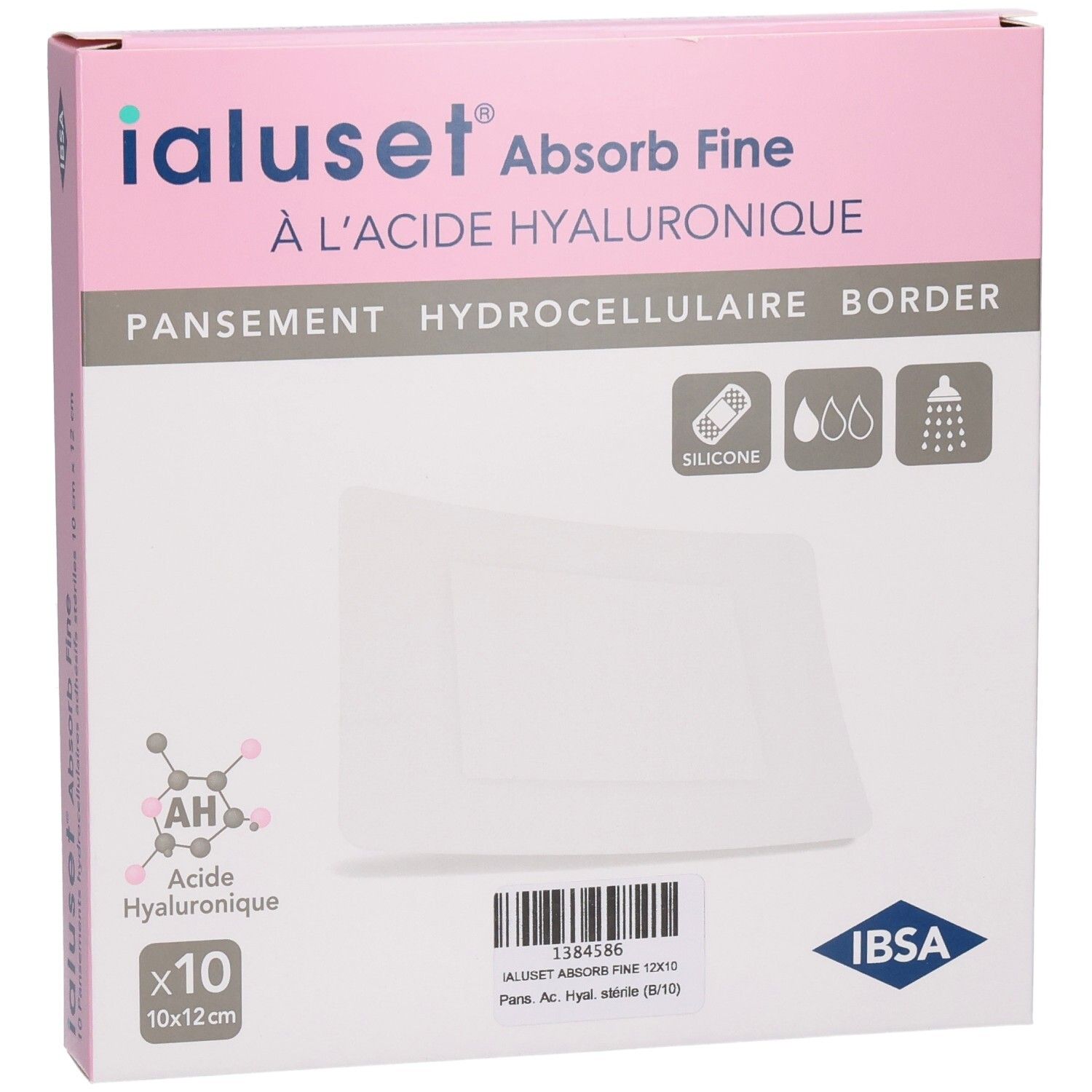 Face avant de la boîte Ialuset Absorb Fine. Rose et blanche, nom et logo. Dix pansements 10x12 cm.
